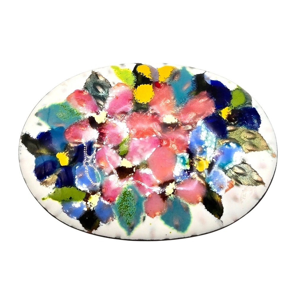 Hand Enameled Copper Oval Floral Brooch Pendant Blue Pink Yellow Green White 70s
